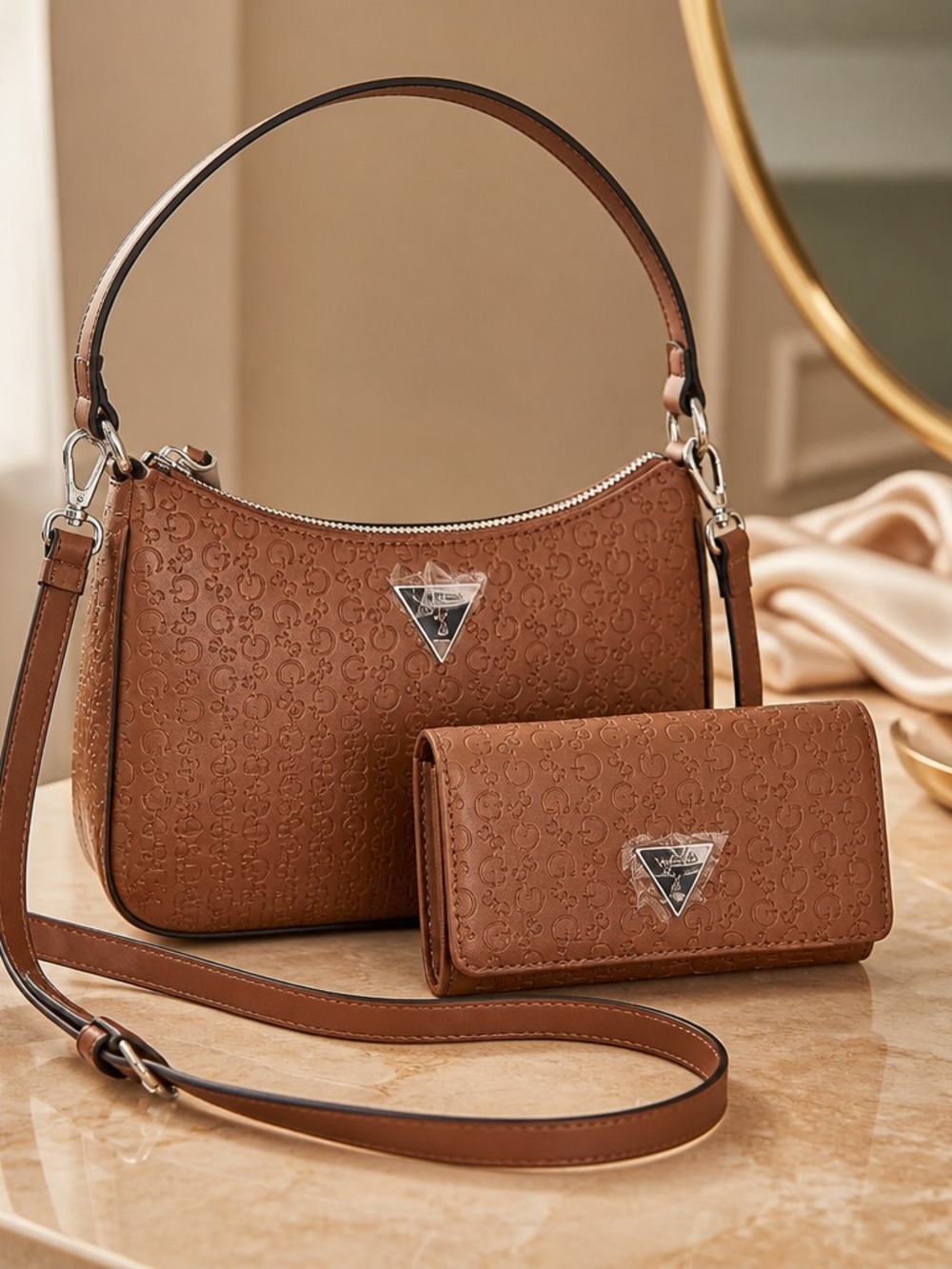 Guess Brown Embossed Shoulder Bag & Crossbody with Matching Wallet NWT